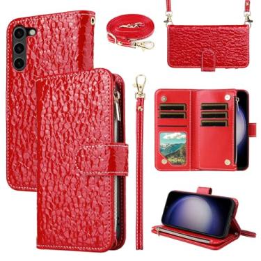 Imagem de Furiet Capa carteira para Samsung Galaxy S23 Plus S23+ 5G e bolsa com zíper flip alça de ombro, suporte de cartão com padrão plissado para S23plus 23S + S 23 23+ SM-S916U 16.8 cm vermelho