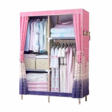 Imagem de Guarda-roupa Armário de guarda-roupa resistente dobrável grosso madeira maciça montado oxford pano único tecido dormitório aluguel pano guarda-roupa armário