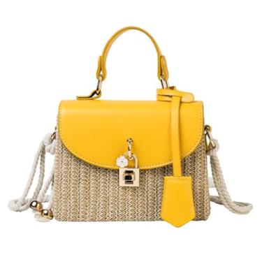 Imagem de EMGILL Bolsas de praia de palha para mulheres - Bolsa de verão bolsa tiracolo transversal quadrada de vime 2024, Amarelo