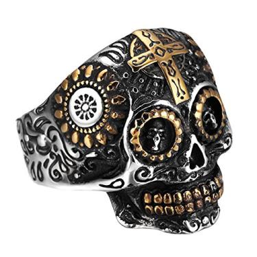 Imagem de Inrang Anel masculino de aço inoxidável prata ouro gótico cruz caveira verde vintage flor esculpida dia das bruxas