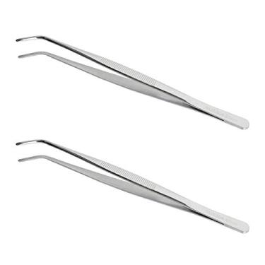 Imagem de Aoje-Link Pinça de aço inoxidável 304 com ponta serrilhada curvada, máquina de costura, alicate de reparo eletrônico, alicate multiuso, prata, 2 peças