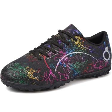 Imagem de DISRATEBLU Sapatos de futebol para crianças, meninos, meninas, tênis de treinamento de futebol juvenil, terreno firme, grama atlética, uso ao ar livre, tênis de futebol profissional, Preto, 19