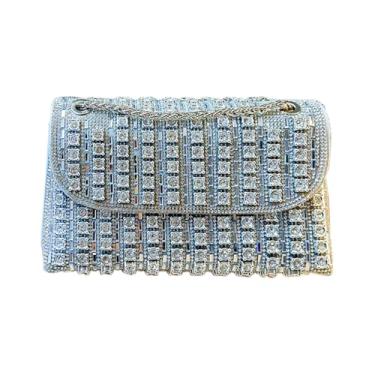 Imagem de zebrum Bolsa clutch noturna para mulheres, bolsas de ombro com corrente de strass para coquetéis, festas de formatura, casamentos, Strass brilhante - prata