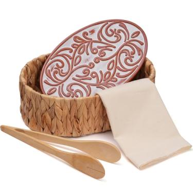Imagem de Cesta para aquecer pão com pedra – inclui toalha de pão e clipes, cestas de pão para servir tortilha, fermento, aquecedor de pão de terracota, presentes para anfitriãs, padeiros de massa fermentada,