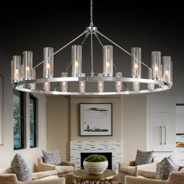 Imagem de zhllmq Lustre Grande De Roda De Carroça De 20 Luzes Com Cúpula De Vidro Transparente, Lustre Redondo Cromado, Lustre Industrial De Fazenda, Luminária Para Sala De Jantar, Escada, Sala De Estar, Hall