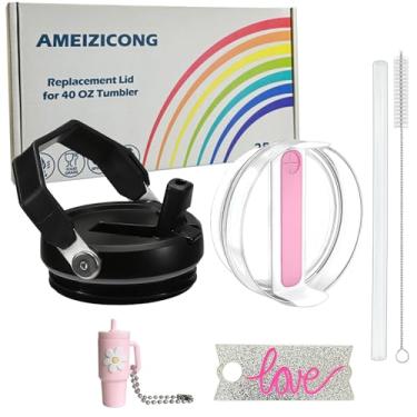 Imagem de 2 peças de substituição de tampa de canudo flip para Stanley copo de 1,134 g, à prova de derramamento e resistente a respingos, acessório Stanley Quencher Cup (preto e rosa claro)