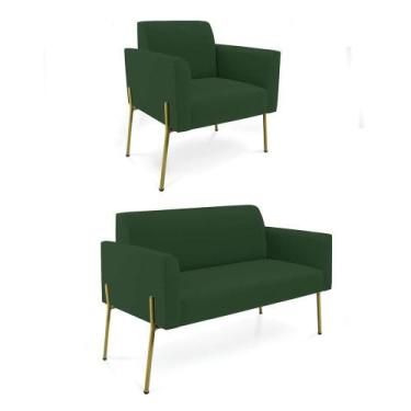 Imagem de Sofá Namoradeira E Poltrona Pé De Ferro Dourado Salão Marisa Veludo Ve