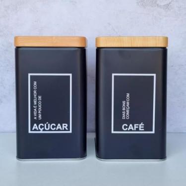 Imagem de Kit 2 Potes Café e Açúcar Conjunto Lata Alumínio Tampa Imita Madeira Porta Mantimentos 18cm - SHACK
