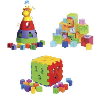 Imagem de Kit de Brinquedos para Bebê Girafa + Cubo + Cubinhos - Mercotoys