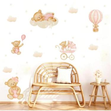 Imagem de Adesivo de Parede Ursinha Balão Aquarela Carrinho de Bebê - Adesivos K