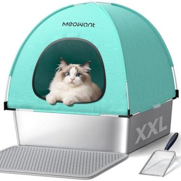 Imagem de Meowant Caixa de areia para gatos de aço inoxidável com tampa, caixa de areia quadrada extra grande 3 em 1 de metal fechada com capa de tecido Oxford de alta face, colher de metal, inodoro, não