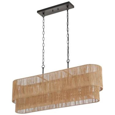 Imagem de ELYCCUPA 42” Boho Chandelier Coastal 2 Camadas Mão Tecido Rattan Pendente Luz Linear Grande Ilha Luz Para Sala De Jantar Cozinha Ilha Sala De Estar, Ul Listado