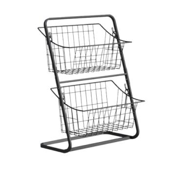 Imagem de Cesta de frutas Tigela de cesta de frutas para balcão de cozinha - Cesta de arame de metal grande de 2 camadas Organizador de armazenamento Suporte de arame removível Rack de armazenamento, especiaria