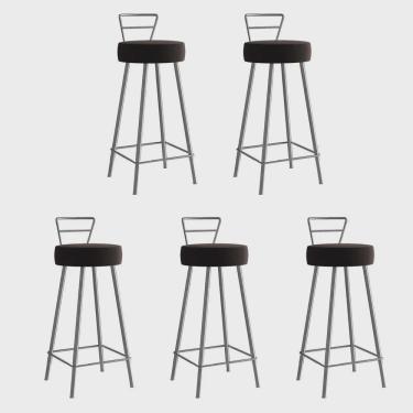Imagem de Kit 05 Banqueta Alta Com Encosto Tina Eiffel Cozinha Bar Bistrô Ferro Cinza Corino Marrom - Ahz Móveis