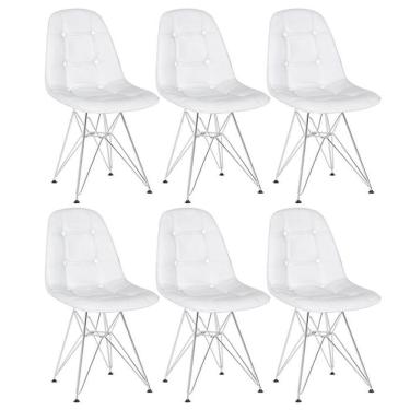 Imagem de Kit 6 Cadeiras Estofadas Charles Eames Eiffel Botonê Com Pés De Metal Cromado Branco Branco