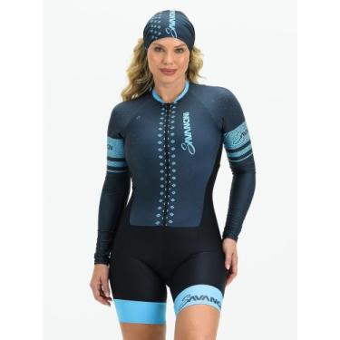 Imagem de Macaquinho Ciclismo Feminino - Forro em Gel - Manga Longa Cinza e Turq