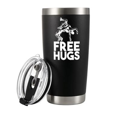 Imagem de Panvola Free Hugs Wrestling Gifts Copo isolado a vácuo lutador pai marido namorado tio presentes engraçados treinador de luta livre aço inoxidável tampa removível caneca de viagem 590 ml preta