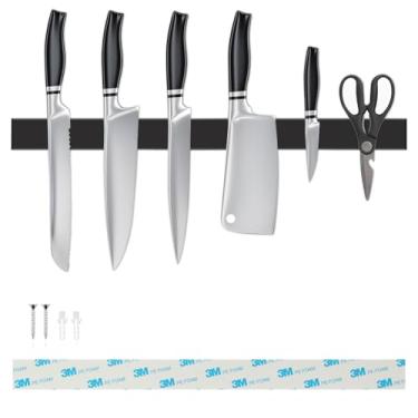 Imagem de Suporte de faca magnético preto de 40,6 cm para parede, tira adesiva sem perfuração com ímã poderoso e parafusos expandidos, suporte de parede para facas, utensílios, ferramentas, inclui fita adesiva