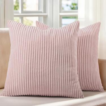 Imagem de Pacote com 2 capas de almofada decorativas de veludo cotelê rosa 45 x 45 cm com listras 45 x 45 cm