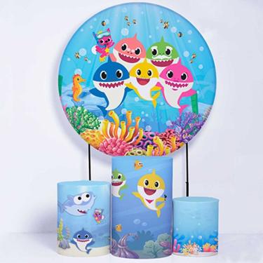 Imagem de Kit Painel de Festa Redondo de 1,80m e Trio de Cilindros Baby Shark - Fera Print