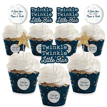 Imagem de Big Dot of Happiness Twinkle Twinkle Little Star - Decoração de cupcake - Kit de envoltórios e palitos de petiscos para chá de bebê ou festa de aniversário - Conjunto de 24