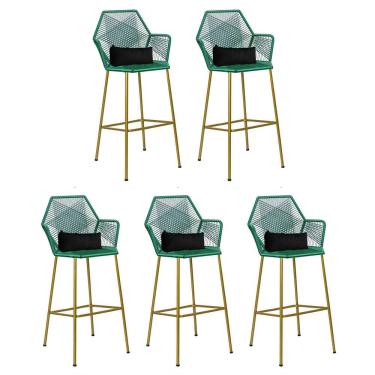 Imagem de Kit 05 Banqueta Alta Com Encosto Sttar Balcão Ferro Dourado Fibra Verde Almofada Sintético Preto