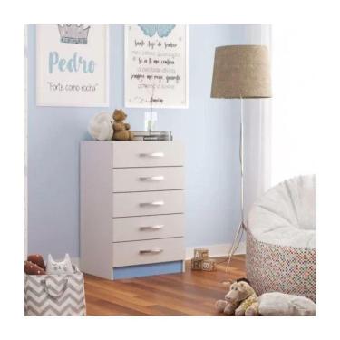 Imagem de Cômoda Maxi 5 Gavetas em MDF com Puxador de Metal Branco Azul para Quarto Infantil