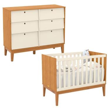 Imagem de Berço Americano e Cômoda Unique 6 Gavetas em MDF com Puxador Fixo Off White