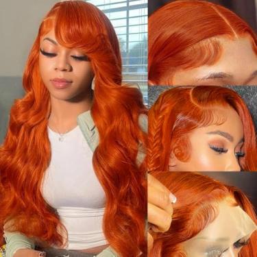 Imagem de VKVL Perucas De Renda Frontal Ruiva 30" Com Cabelo Humano Pré-Arrancado, Densidade 200% Hd, 13X4, Laranja, Ondulado, Frontal, Colorido, Sem Cola
