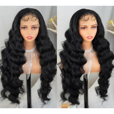 Imagem de MISS FANCY Perucas De Renda Frontal Preta 32" Para Mulheres, 13X6 Hd, Frontal, Ondulada, Longa, Cacheada, Substituição Diária, Linha Capilar Natural, Sintética, Sem Cola, Pré-Cortada Com Cabelo Bebê