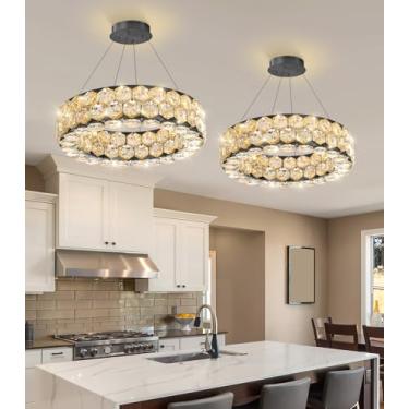 Imagem de dolria Lustre De Cristal Moderno Com Pingente Anéis, Luz Led Regulável Para Teto, Quarto, Sala Jantar, Cozinha, Preto
