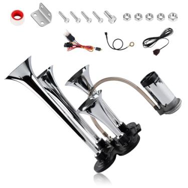 Imagem de OVANOH Kit De Buzina Trem 150Db 12V, Prata, 4 Alto-Falantes, Ar Com Compressor Compatível Caminhões, Carros, Semi-Reboques, Caminhonetes, Motorhomes, Suvs E Outros Veículos, Som Ultra Alto