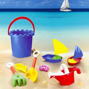 Imagem de Kit Balde de Praia Infantil com 8 Peças, Brinquedos para Areia, Plástico, Azul e Branco, para Crianças a partir de 3 Anos