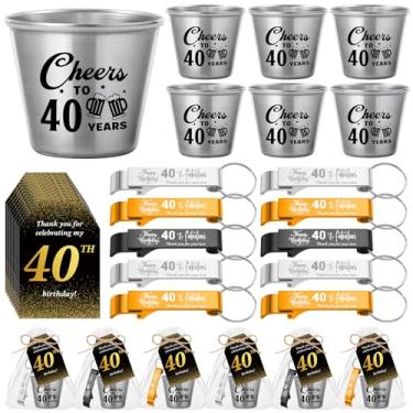 Imagem de Domensi 30 conjuntos de lembrancinhas de festa de aniversário de 40 anos para convidados a granel incluem Cheers to 40 Years Copos curtos abridor de garrafas de cerveja chaveiros cartões de