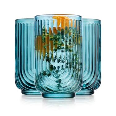 Imagem de Glaver's Conjunto de 4 copos de vidro vintage Art Deco Highball com nervuras de 500 ml, design de arco em forma de U, copos coloridos para coquetéis de cozinha, jantar diário, festa decorativa, azul