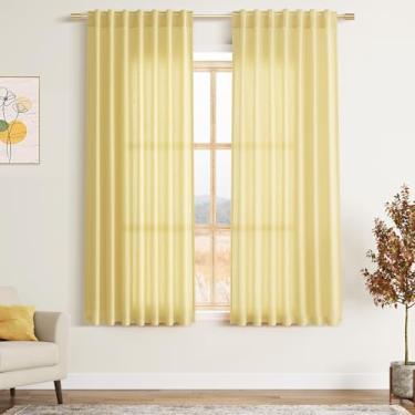Imagem de Cortinas de linho amarelo 153 cm de comprimento para quarto, filtro de luz traseira, privacidade, cortinas transparentes, casa de fazenda, decoração costeira, cortina de gaze texturizada de algodão