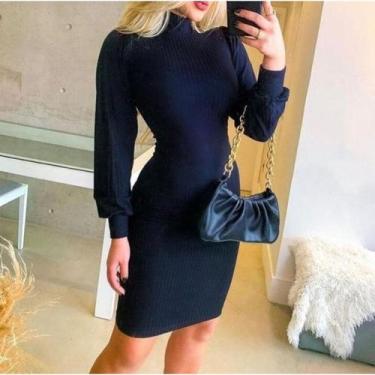 Imagem de Vestido Curto Manga Longa Bufante Gola Alta Canelado Tendência Feminin