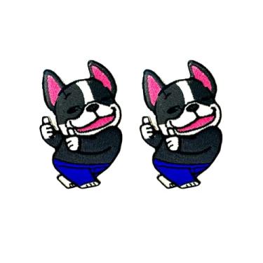 Imagem de TH88 Conjunto de 2 peças Mini Bulldog Francês Filhote de Cachorro Remendos Bonito Logotipo de Desenho Animado 4 Patches Costurar Ferro em Aplique Bordado Emblema Sinal Remendo Roupas DIY Fantasia