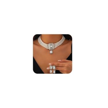 Imagem de Missgrace Gargantilha feminina vintage boho prata verde década de 1920 falso pérola gargantilha conjunto de brincos noiva falso pérola strass geometria preto rosa colar brinco para baile bar festa