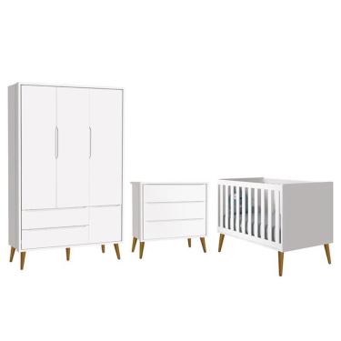 Imagem de Dormitório Infantil Theo Retrô 3 Portas, Cômoda e Berço com Pés Amadeirado - Reller Móveis Branco Fosco