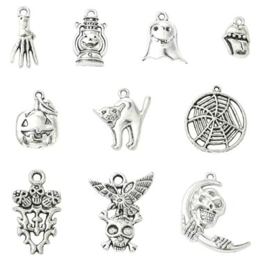 Imagem de UR URLIFEHALL 100 peças, 10 estilos, berloques tibetanos de Halloween, antigo, prata, gato, caveira, fantasma, acessório para fabricação de joias para colar, pulseira, artesanato