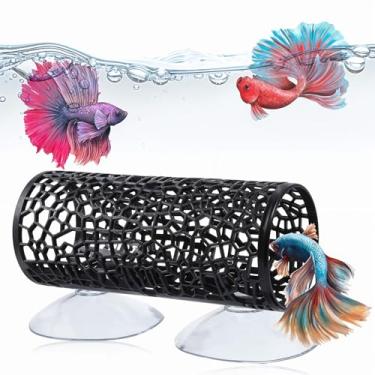 Imagem de Brinquedos de peixe Betta, rede preta para túnel de peixe Betta, decoração segura de aquário para camarão de peixe pequeno, acessórios de tanque Bettas com ventosas, perfeitos para esconderijo e área