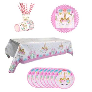 Imagem de Ainbee Conjunto De 74 Decorações Para Festa Temática Unicórnio Aniversário Meninas, Inclui Copos, Pratos, Guardanapos, Canudo Papel E Toalha Mesa, Talheres Descartáveis Chá Bebê, Serve 16 Convidados