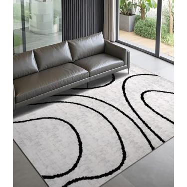 Imagem de YIHOUSE Tapetes modernos para quarto, tapete preto e branco lavável 12 x 18 cm, tapete listrado geométrico geométrico fino e minimalista, tapetes pretos para quarto, cozinha, sala de jantar e