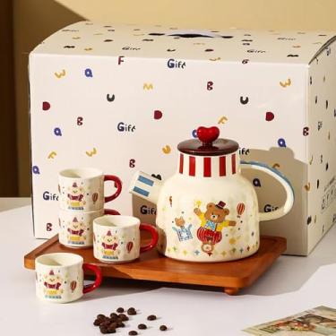 Imagem de Scizorito Conjunto de chá de porcelana, estampa de desenho animado fofo, um pote e quatro xícaras, adequado para reuniões de família, aniversários, dia das mães, Natal (urso)