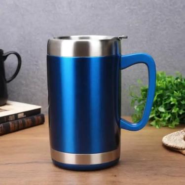 Imagem de Caneca Térmica Parede Dupla em Aço Inox Azul 700ml com Canudo - Estilo Texturizado