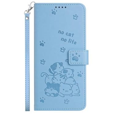 Imagem de Yarxiawin Capa para Honor Magic 7 Lite com suporte para cartão azul, capa flip de couro TPU macio Honor Magic 7 Lite capa de telefone carteira bonito visual de gato com alça capa de cordão à prova de