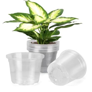 Imagem de DUNPUTE Vasos grandes transparentes para berçário de 20 cm com drenagem, pacote com 10 vasos de plástico para plantas, vasos de mudas ideais para vegetais, orquídeas, aloe, uso interno e externo