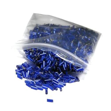 Imagem de 50 gramas de 1200 contas de sementes de tubo de vidro econômicas de 6 mm de comprimento para joias, mosaicos e outros artesanatos (azul marinho forrado com prata)