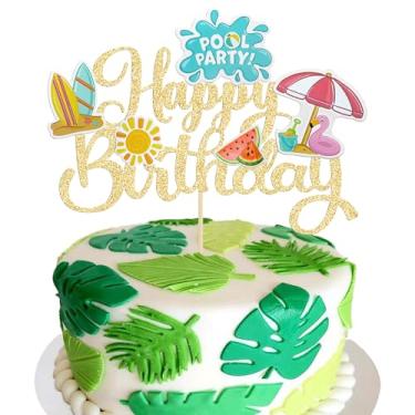 Imagem de Ephlyn 1Pcs Summer Beach Pool Cake Topper Sun Umbrella Watermelon Water Gun Slippers Cake Picks Baby Shower Hawaii Beach Pool Theme Birthday Party Cake Decorations Supplies Gold